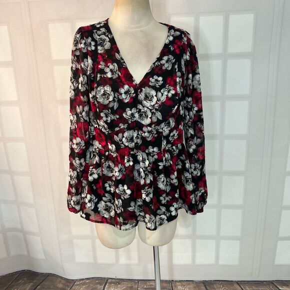 Torrid Black Red Floral Long Sleeve V-Neck Pullover Lined Peplum Blouse Size 0x - Picture 2 of 13